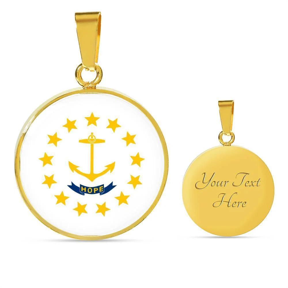 Rhode Island State Flag Personalized Engraved Gold Circle Necklace Custom Name